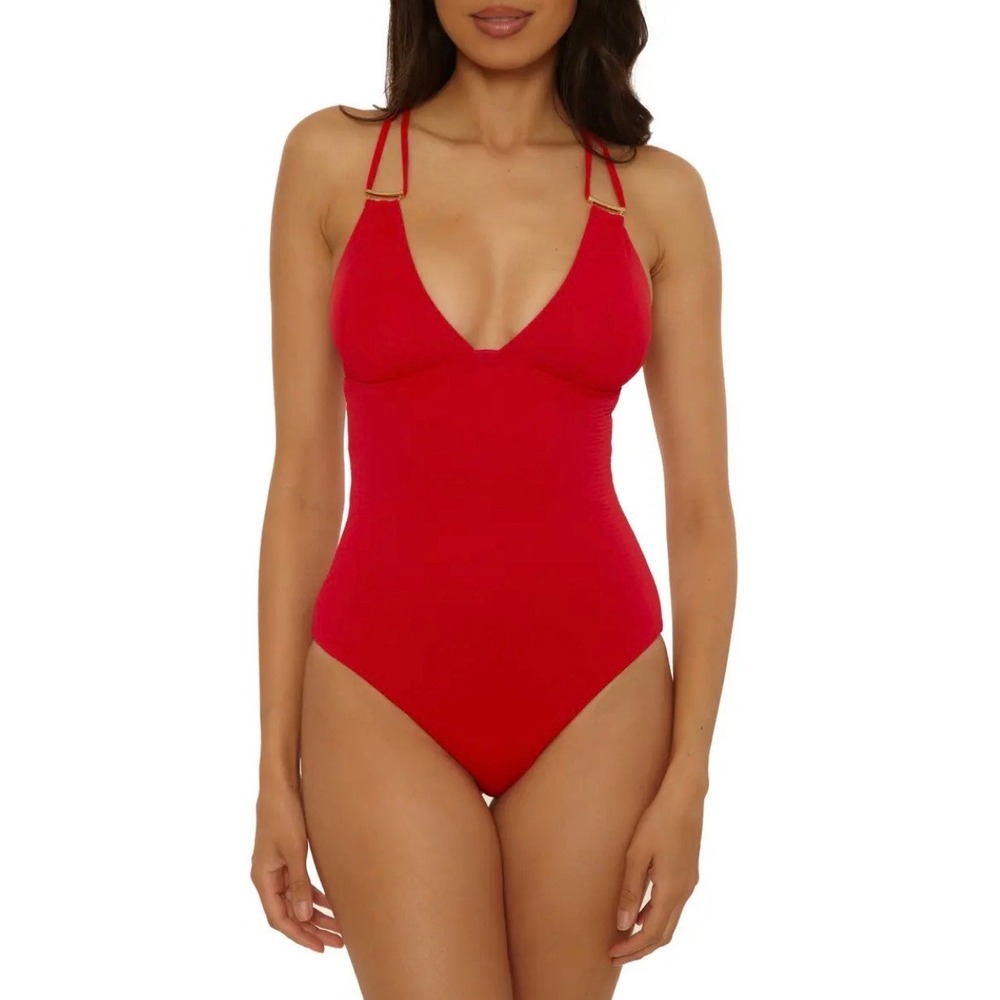 Becca by Rebecca Virtue Red Textured Plunge One‎ Piece Swimsuit Gold Hardware S